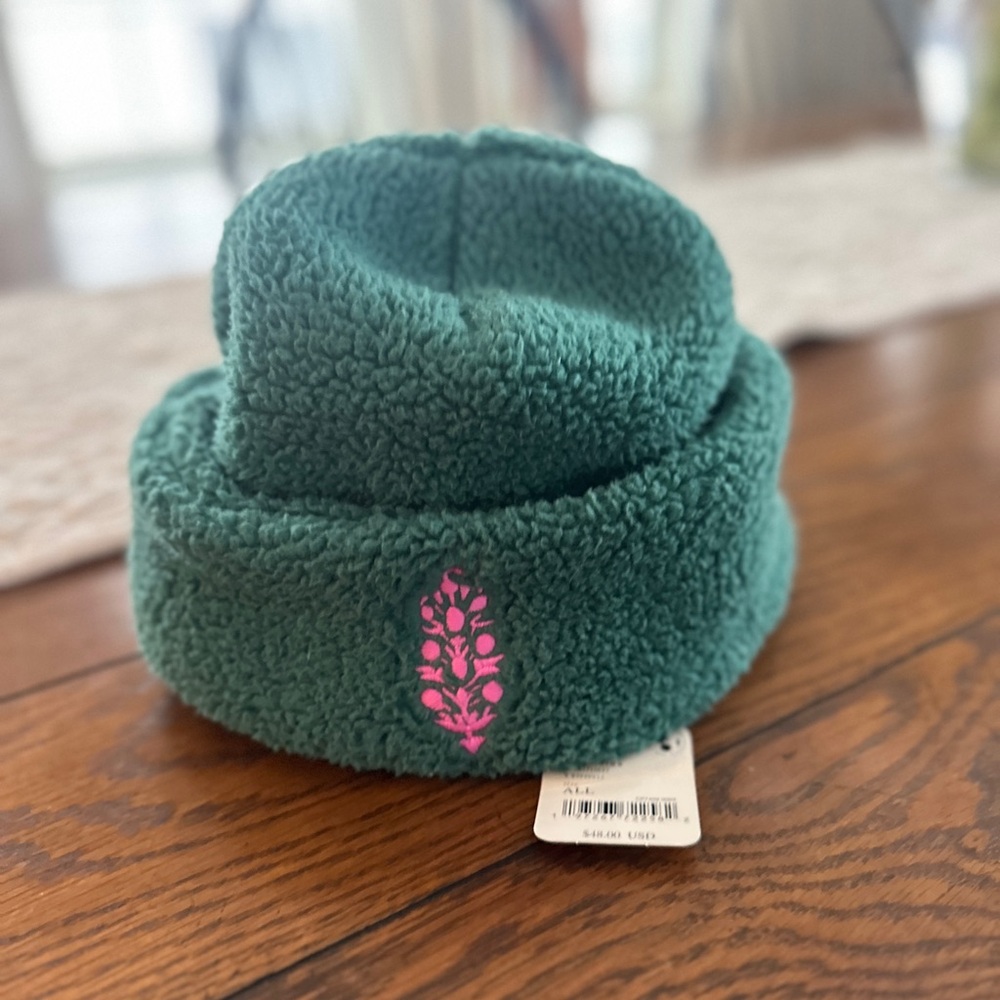 Free People Green Fleece Hat with Pink Detail